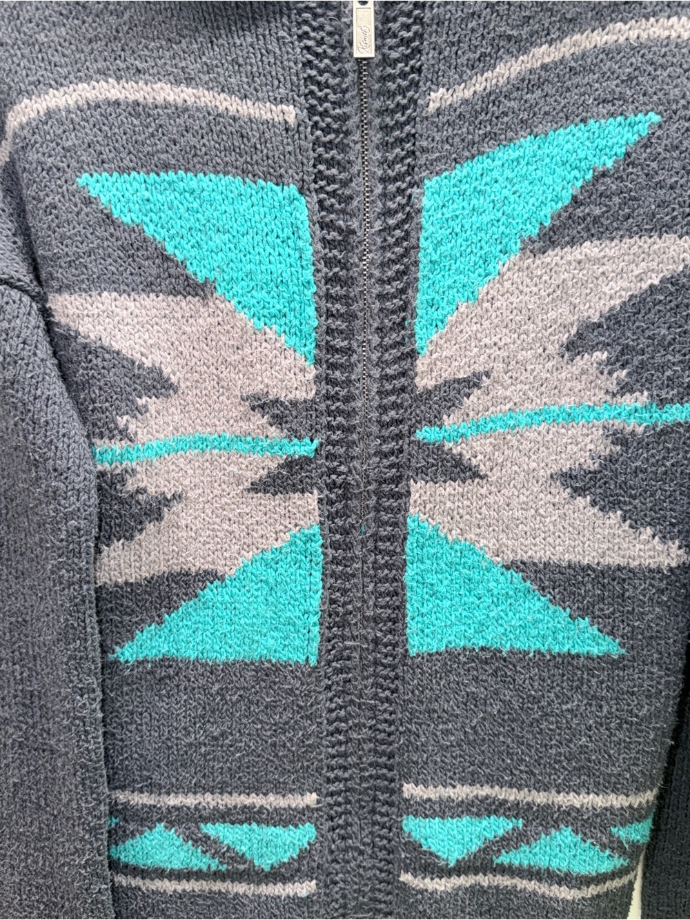 86% Cotton Ladies Charcoal Gray Hooded Zip Sweater with Teal Geometric Pattern 🌎 - Picture 3 of 6